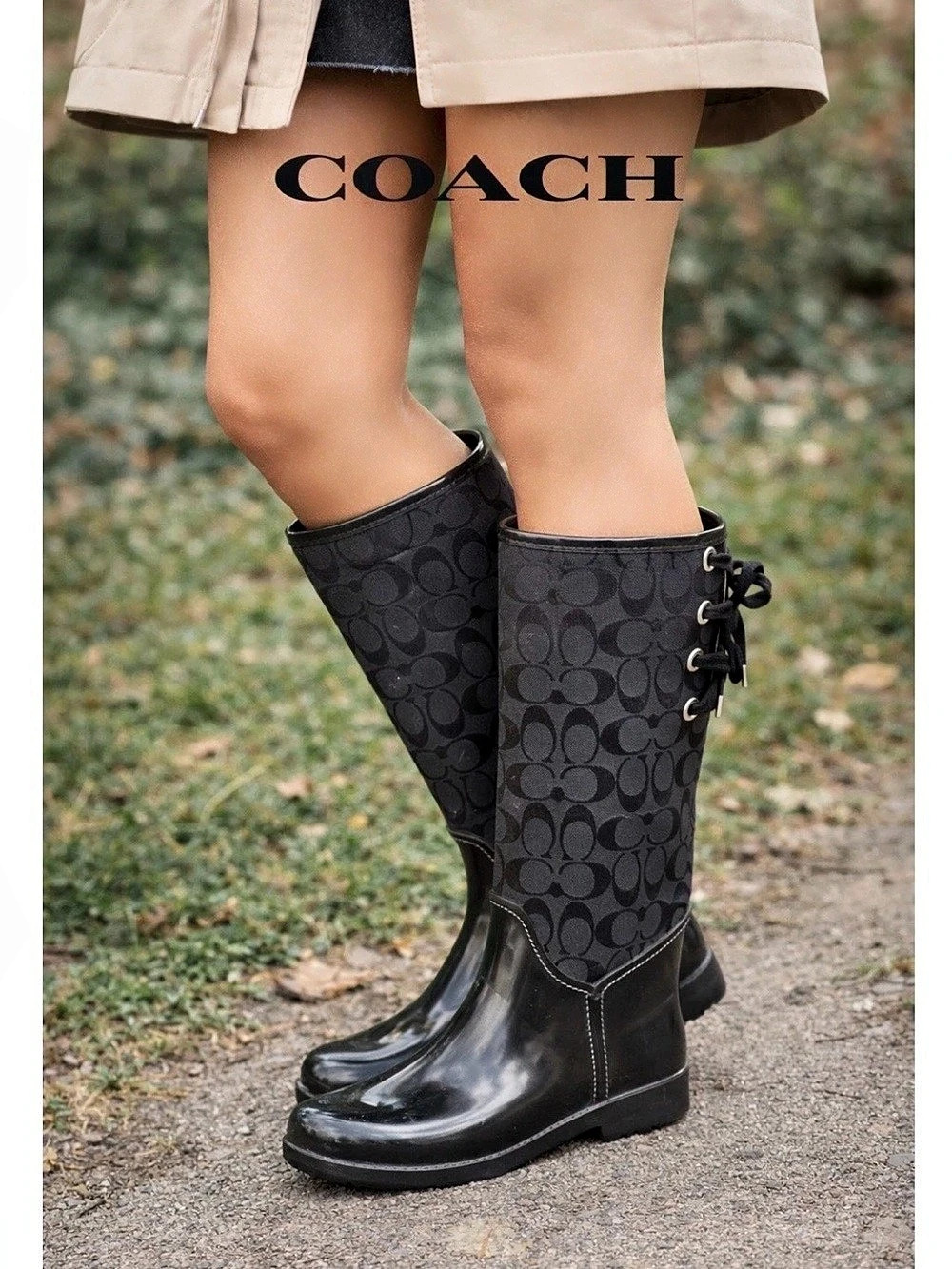 Coach Tristee Lace-up Rain Boot Black